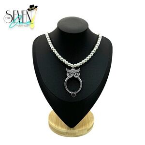 Vintage Style Owl Magnifying Glass Pendant white pearl Necklace Victorian Style